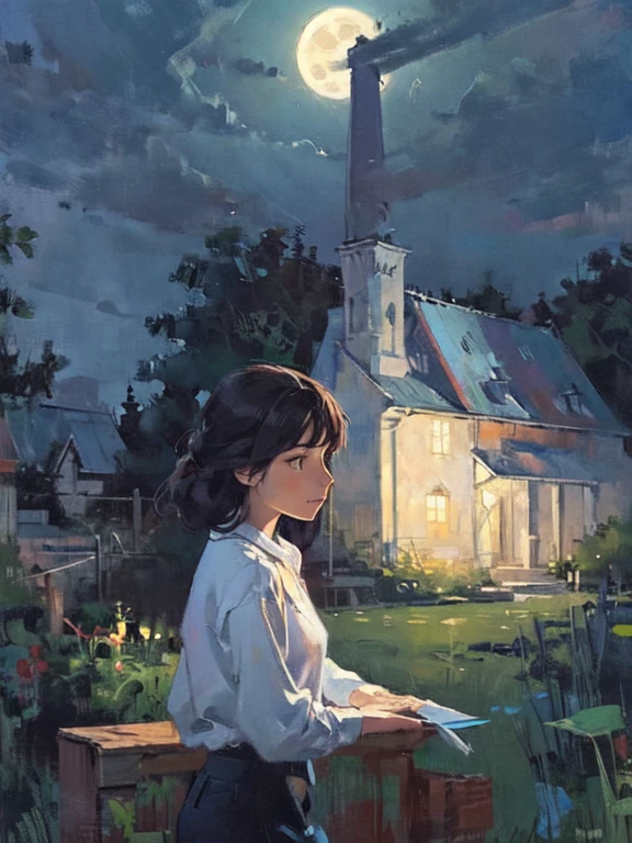 oil painting, Confession in the Moonlight, Old garden, Night Sky, full moon, Two Shadows, Sadness