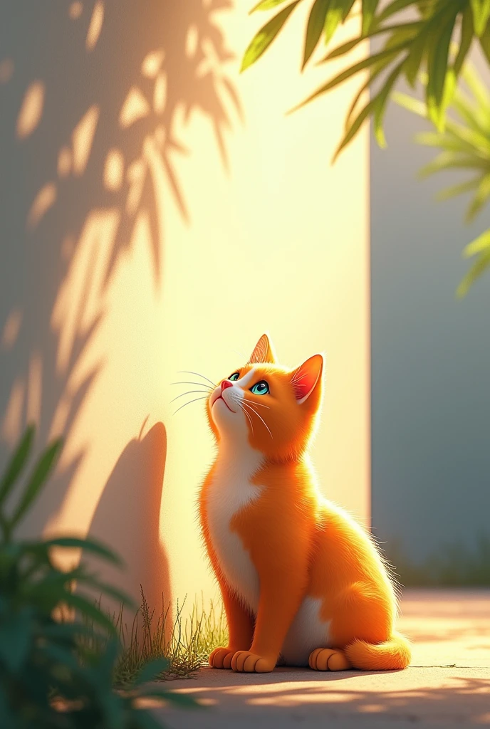Orange cat was looking up at the wall. The sun is shining on one side and casting shadows on the other side