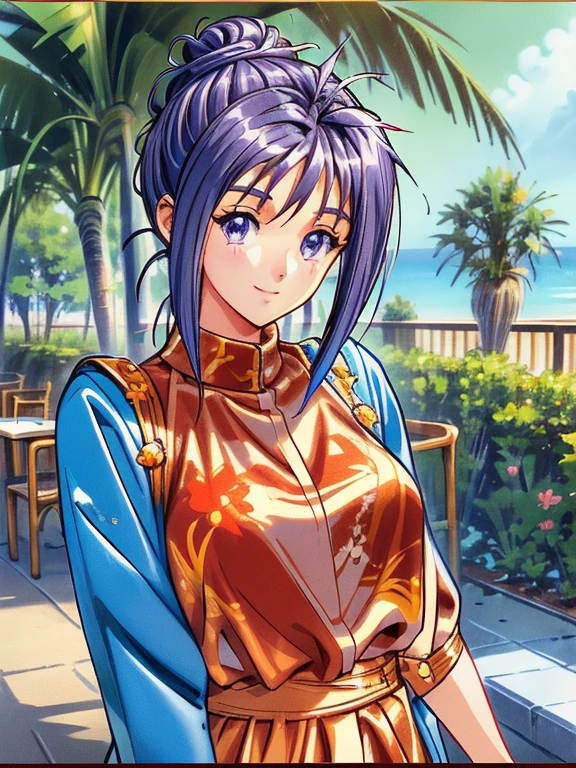 ((masterpiece)),((Ayako Katagiri)),((Katagiri Ayako)),((A happy smile)),Anatomically perfect fingers,(((Tropical))),(((Cafe Terrace)))
