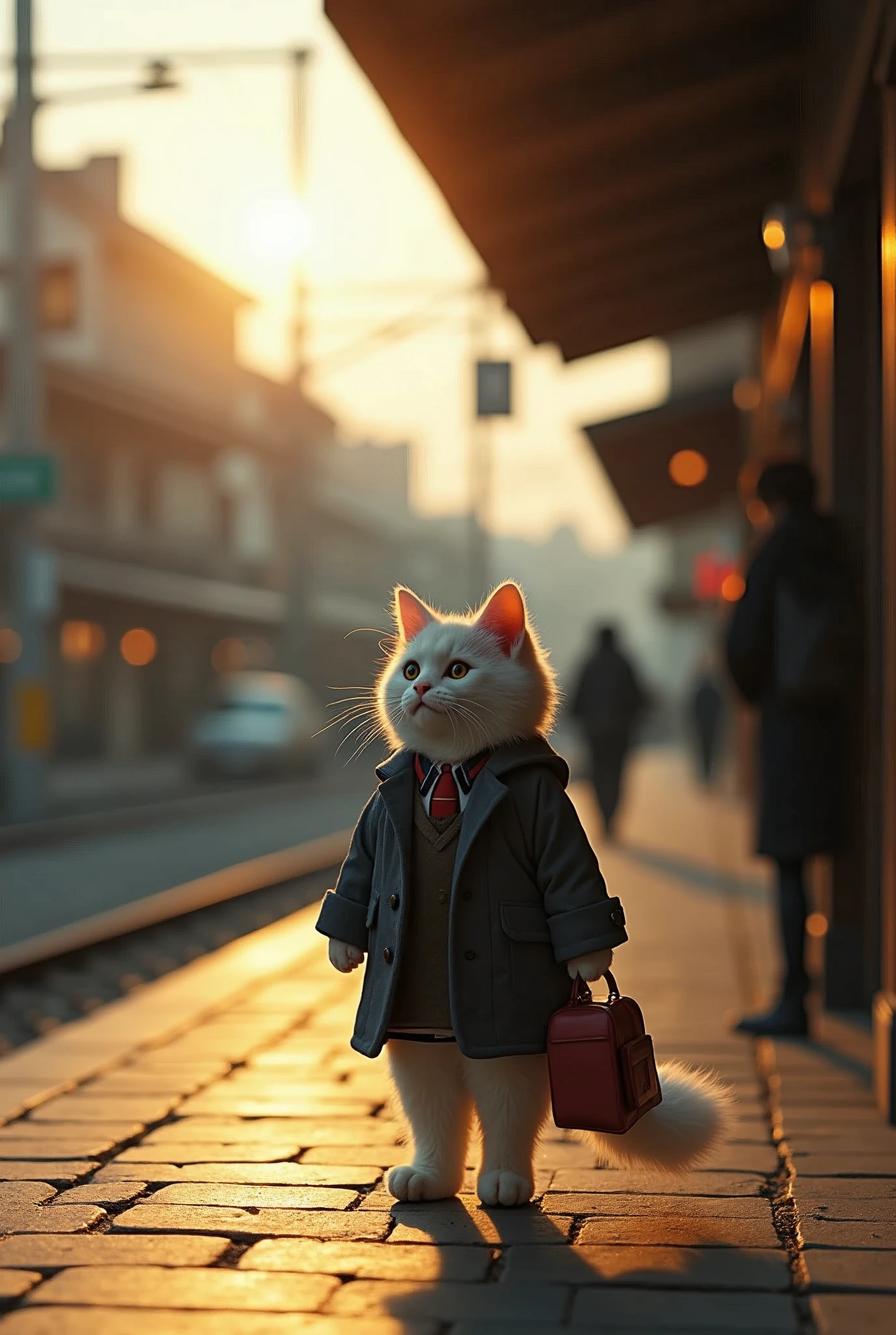 35mm lens,Multiple angles,Back,side,silhouette,Overhead shot,Cat,Standing,doll,Carrying a small school bag,tram,Hokkaido,Autumn Station,Wooden house,Platform, cloak,Ruan Jia,Suit,tie, (Delicate face), (Fine fluffy fur),(35mm Cinema Lens),(Multi-angle shooting),(many viewing angles)