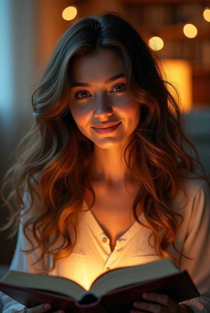 Give me the most beautiful woman about 19 years and she is reading book which is hanging her hands with A heart-warming smile and look at me.Her hair is more gorgeous , thick and long.