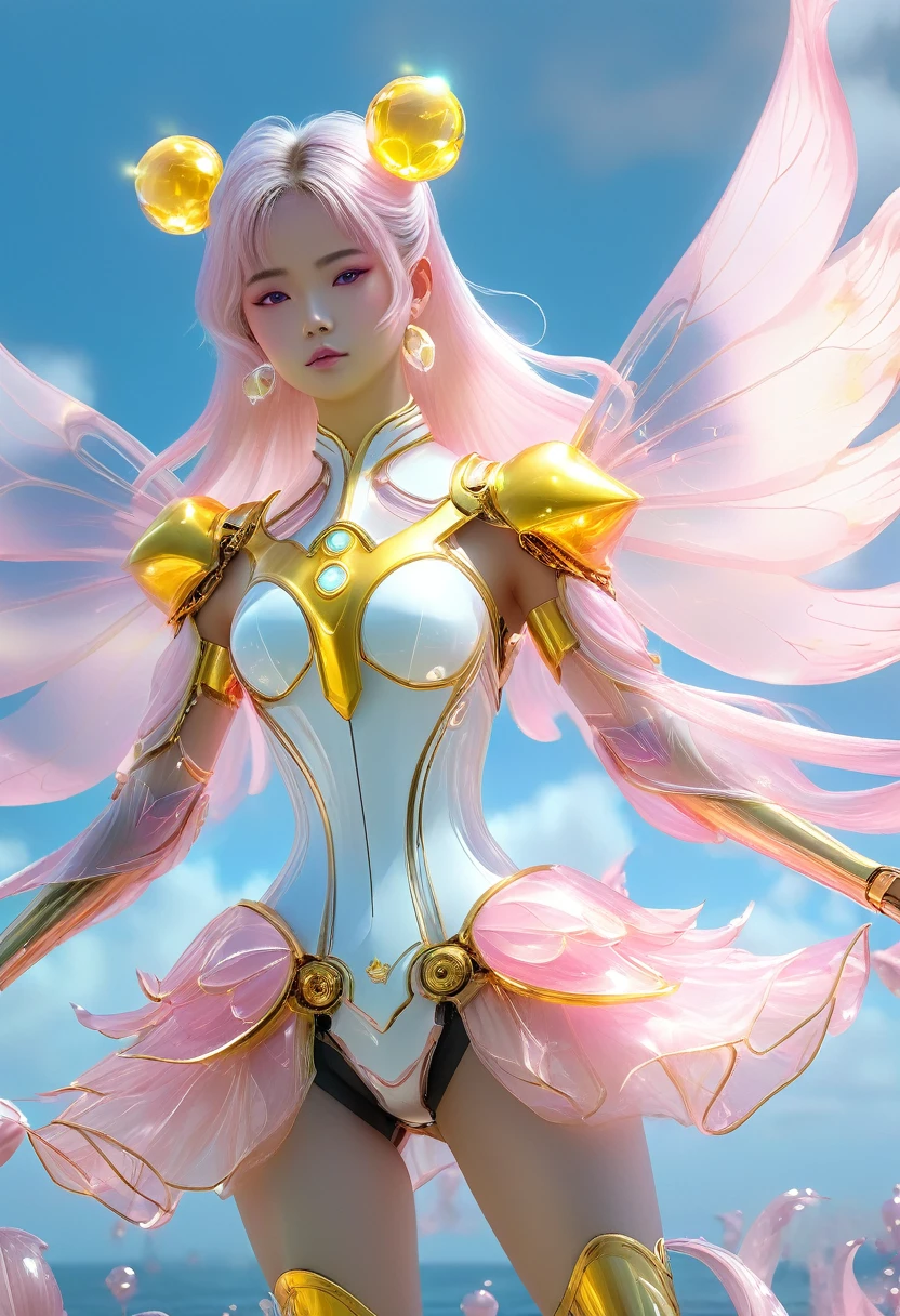 in a mechanical suit, giant mechanical wings，cyberpunk, Futuristic armor,weapon， whole body, frontal pose, symmetry, difficult (Steel metal [rust]), compound, Warframe style，Sailor Moon，Mechanical girl Puny height, Lake surface，gold，pink，Vein，Glass texture、world，world谱world， Gradient translucent molten glass, caustic, purely, Profile image on a white background, young girls, in a dance pose, beautiful body, blondes , Beautiful face, in a yellow, very common dress made of Gauze, veils of pink and white lotus petals, neckline, internet, holding one giant yellow lotus in his hands, on a long stem, from the very feet, straight legs in stiletto heels, daylight, worldовой эффект, minimalist, fiery, pure pallor and tenderness, soft lighting, realistically, Smoke effect, Fog, pass-through))masterpiece, atmospheric perspective, 8k, super detailing, accuracy, Best quality