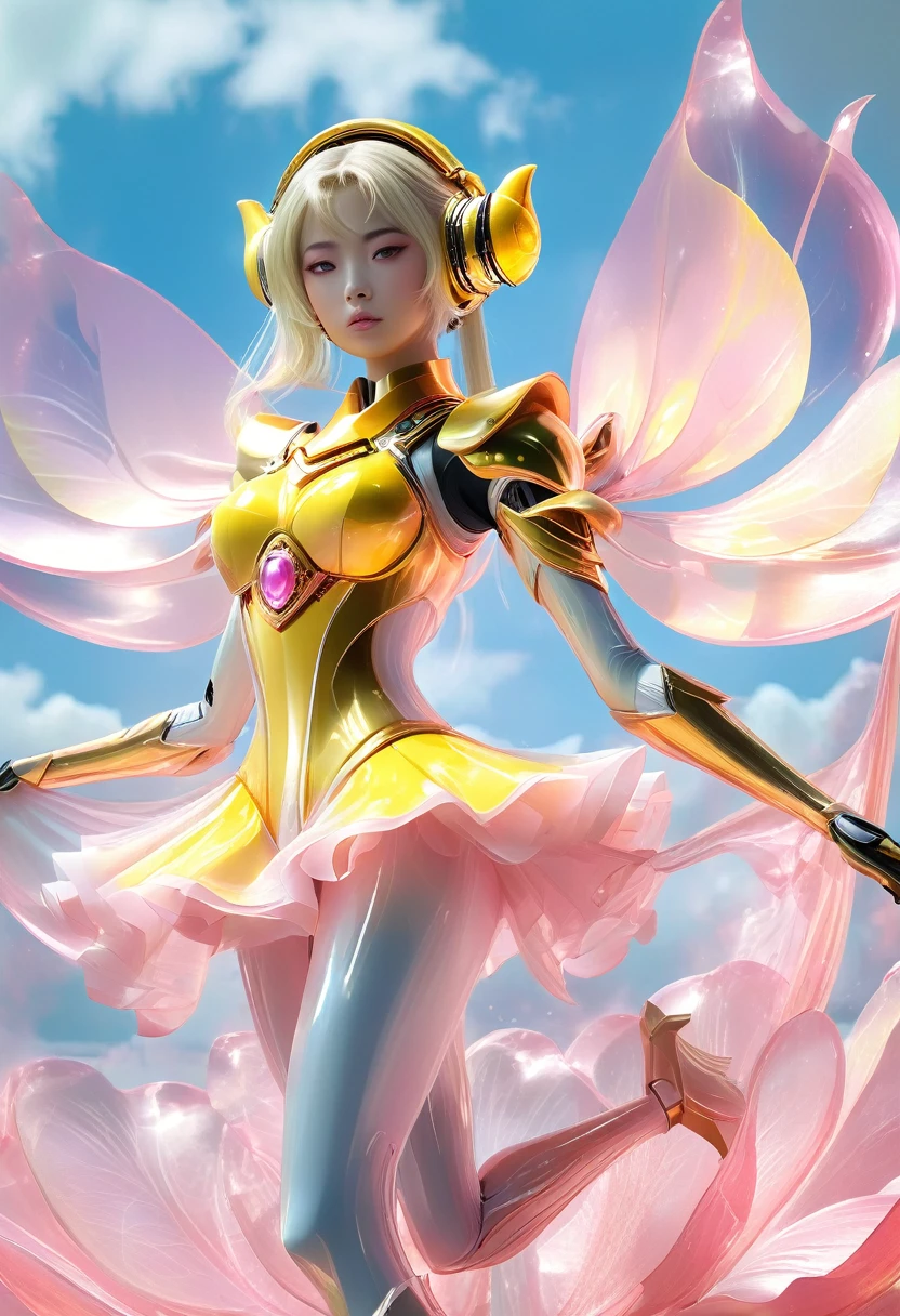 in a mechanical suit, giant mechanical wings，cyberpunk, Futuristic armor,weapon， whole body, frontal pose, symmetry, difficult (Steel metal [rust]), compound, Warframe style，Sailor Moon，Mechanical girl Puny height, Lake surface，gold，pink，Vein，Glass texture、world，world谱world， Gradient translucent molten glass, caustic, purely, Profile image on a white background, young girls, in a dance pose, beautiful body, blondes , Beautiful face, in a yellow, very common dress made of Gauze, veils of pink and white lotus petals, neckline, internet, holding one giant yellow lotus in his hands, on a long stem, from the very feet, straight legs in stiletto heels, daylight, worldовой эффект, minimalist, fiery, pure pallor and tenderness, soft lighting, realistically, Smoke effect, Fog, pass-through))masterpiece, atmospheric perspective, 8k, super detailing, accuracy, Best quality