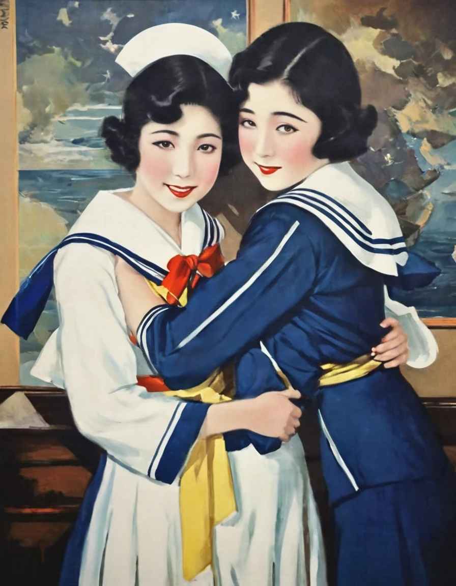 Highest quality、masterpiece,Retro image of a Japanese poster from the 1930s,(oil painting style:1.2)、sailor costume,2 girls、They are hugging each other、Bewitching atmosphere、Mysterious atmosphere、In a dark room,portrait,Close-up