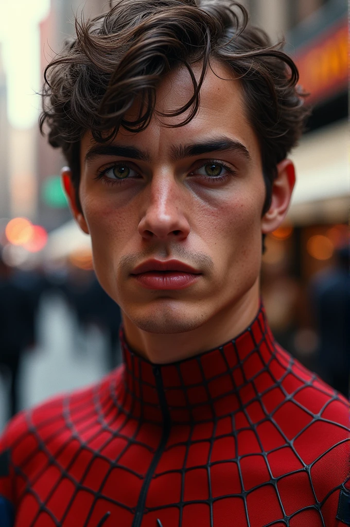 A photograph of Spider-Man, without mask, the 20s, bonitas, face detailed, looking at the camera, portraite, 8k hd, high qualiy