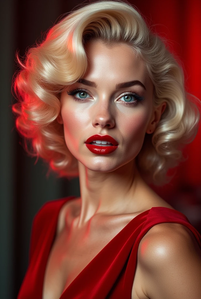 Photo of woman with Marilyn Monroe hair with red highlights and empty background