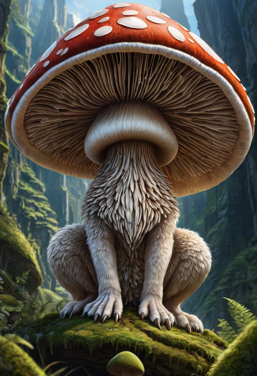 Anthropomorphic mushroom. Official Art – Charecter profile. An Award-Winning Digital Masterpiece In 4K Ultra HD, Extreme Detail And Intricate Realism. Symmetrical Face. This Concept Art Brought To Life By The Hands Of Artists Like Wlop & Artgerm In A Stunning 2D Vector Illustration.Background Is A Panoramic Vista.