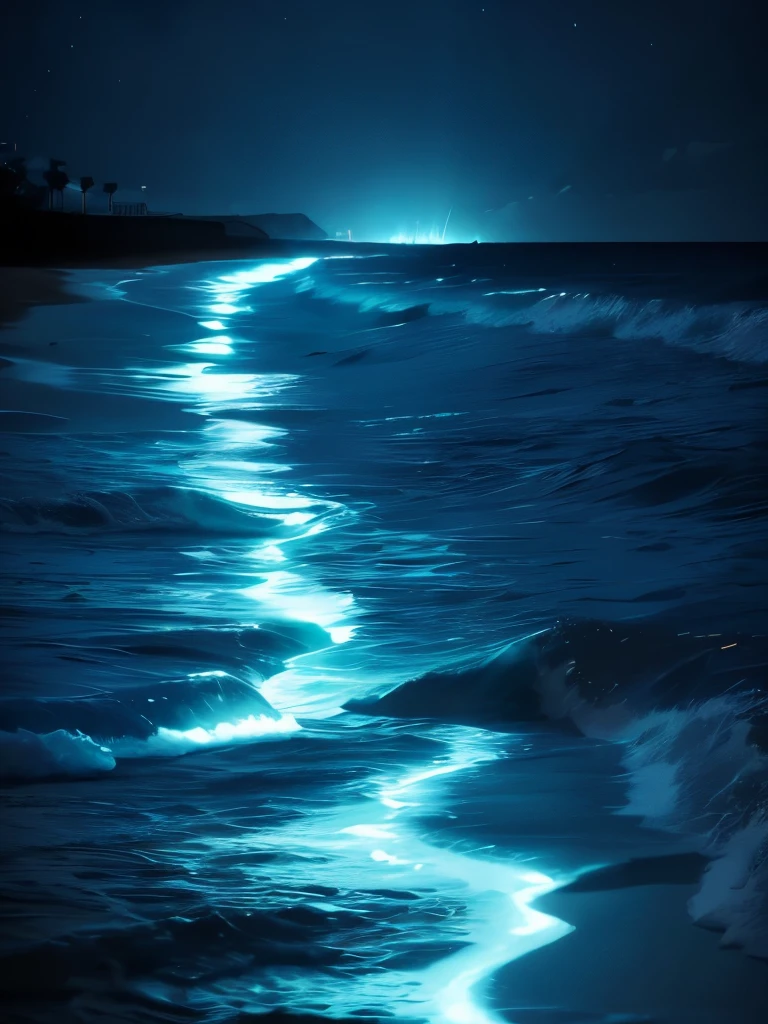 a close up of a beach with a light on the shore, a photorealistic painting by Alison Geissler, flickr, conceptual art, makes the sea area glowing water, blue bioluminescence, bright blue glowing water, glowing water, glowing blue, glow wave, bioluminescent glow, [ bioluminescent colors ]!!