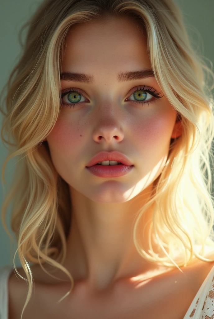 Blonde girl with green eyes and plump lips