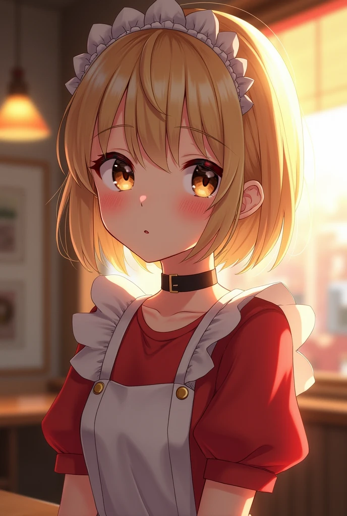 ((Highest quality)), Soft Light,(( Ultra-high resolution)), (Realistic:1.4), (Hairstyle Blonde Short),(Gal),RAW Photos,Japanese girl, alone, (cute), (A shy smile:0.5), (Brown eyes, Light in your eyes), Beautiful eyes in every detail,(High resolution detail of human skin texture), whole body,(Red Maid Clothes),choker,The background is a cafe