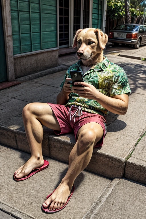Yellow labrador dog wearing Hawaiian shorts and flip-flops from Brazil sitting on the sidewalk with just a cell phone in his hand