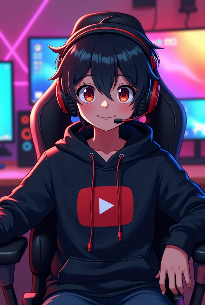 Make a anime character boy . The anime boy is sitting on a gaming chair and the anime boy wearing a black hoodie . On the hoodie write YouTube with a logo . The anime boy is wearing a gaming headphone . On the background many youtube products like mic computer etc .