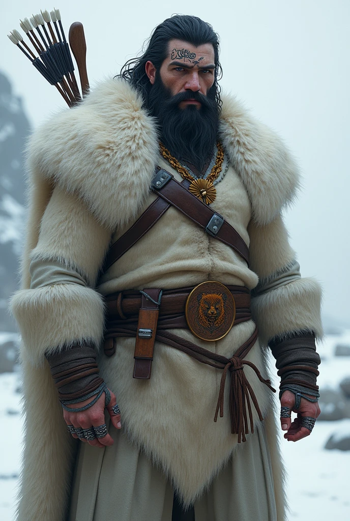 A character from Dungeons and Dragons who is a human ranger, is around 34 years old, Athletic, dark haired, dense beard and very white skin, between 1,80 and 1,91 meters high, has several tribal tattoos on his face and forehead, dresses in a large polar bear skin and the bear&#39;s head covers his head and light clothes to disguise himself in the white snow landscape, carries a bow and arrows on his back, has a dagger strapped to his waist. It has a necklace with a wooden carved bear totem around its neck., rings on his fingers and has a hard, distant look
