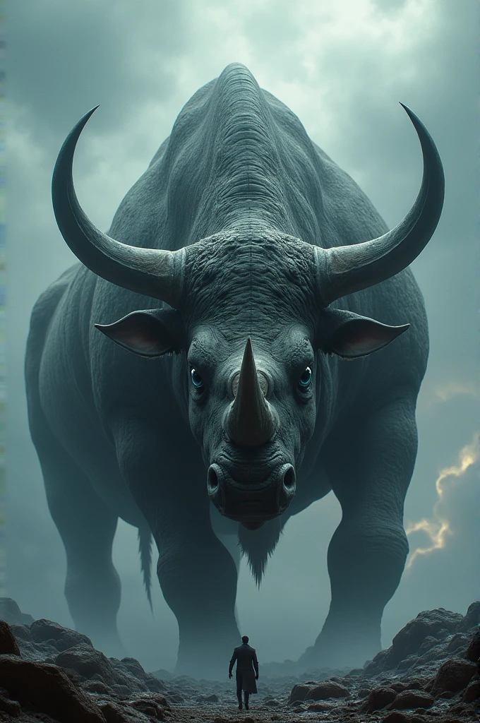 Gigantic dangerous and mythical cross a bull and rhino with scary background 