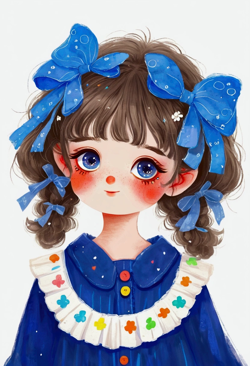 Cute little girl in blue dress,Big blue eyes。Bangs,Fine and fluffy hair,Lovely art style, Lovely and detailed digital art, Cute numbers艺术, splash art anime Change, Hand drawn cartoon art style,Lovely artwork, Kawaii realistic portrait, Change, Cute numbers, Lovely portrait, Kasuga, Lovely characters, Cute, colorful and adorable