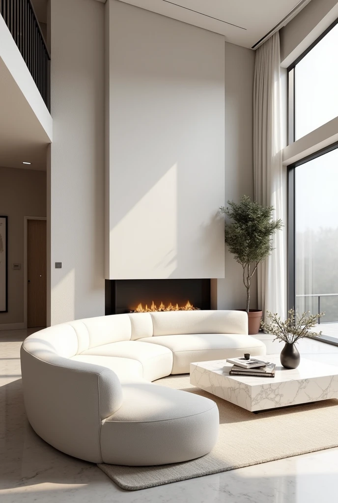 Professional 3d architecture rendering design of modern and minimal white velvet Modern and chic big curve shape sofa and white slab stone marble table and modern and elegant accessories and modern painting wall and modern flout white marble slab stone fireplace showing complete