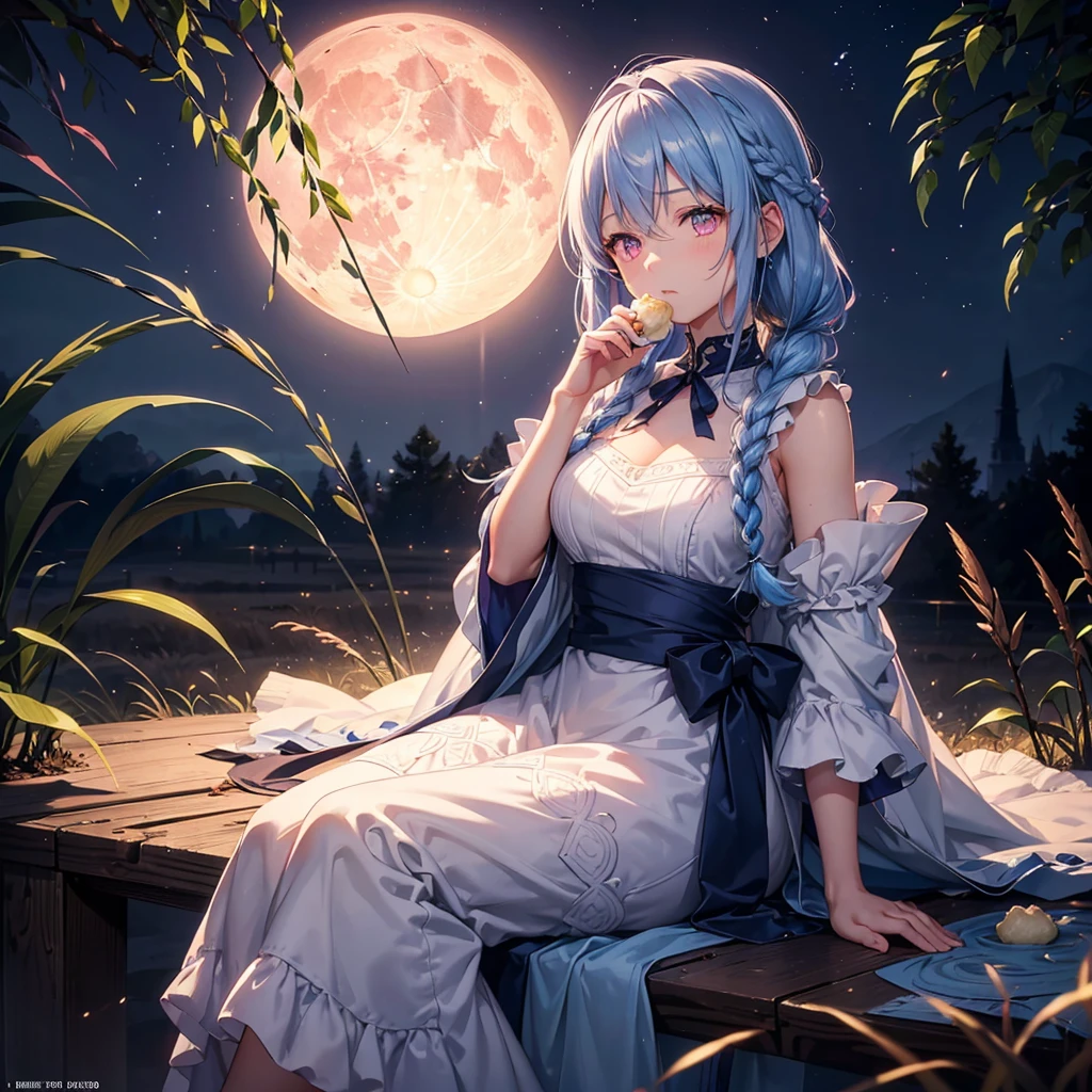 (Sky blue braided medium length hair), (Pink eyes),Fair skin)  ,(whole body),(One Girl),(harvest moon),(A large amount of Miscanthus sinensis in the background),(full moon),(masterpiece, Highest quality, Very detailed, Best Shadow), (Detailed Background), (Beautifully detailed face), High Contrast, (Best lighting, Very delicate and beautiful), ((Cinematic Light)), Hyper Detail,8k, Dramatic Light, Intricate details,(sitting down to eat rice dumplings)