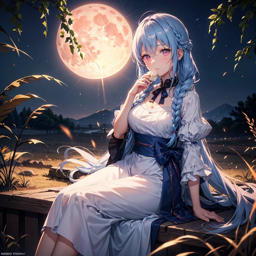 (Sky blue braided medium length hair), (Pink eyes),Fair skin) ,(whole body),(One Girl),(harvest moon),(A large amount of Miscanthus sinensis in the background),(full moon),(masterpiece, Highest quality, Very detailed, Best Shadow), (Detailed Background), (Beautifully detailed face), High Contrast, (Best lighting, Very delicate and beautiful), ((Cinematic Light)), Hyper Detail,8k, Dramatic Light, Intricate details,(sitting down to eat rice dumplings)