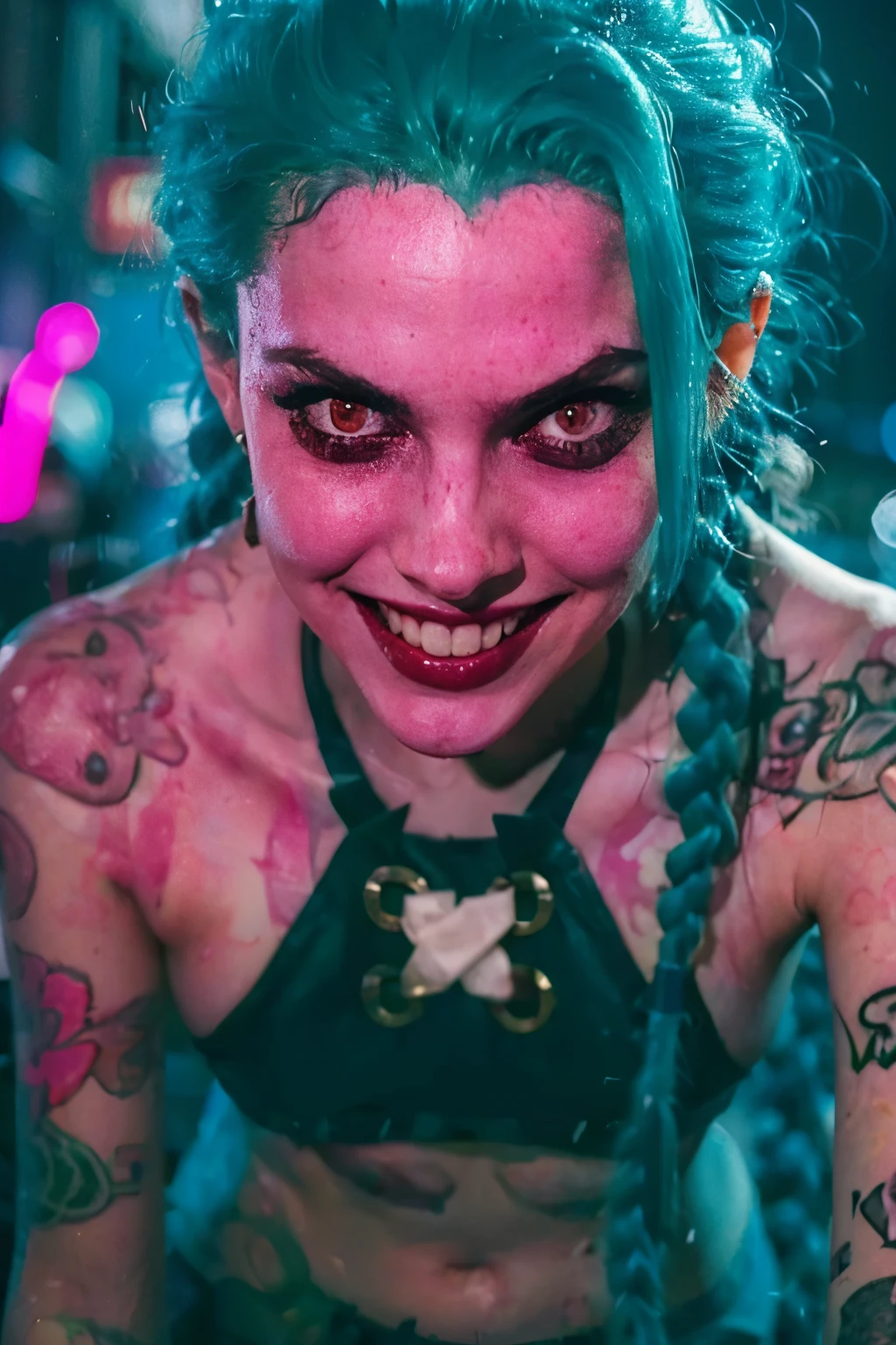 Close-up face, Hyper realistic super detailed Jinx cosplay ,((  girl, 15 yeVery detailed, (hyper realistic: 1.4), in dynamic pose, angry face, twin braids, long hair, blue hair, red eyes, tattooed, ((skinny body)) , ((psycho face, creppy smiling )), arcane style. ((Grunge Neon grafitti background, cinematic lighting)).