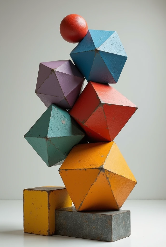 represents the 6 basic geometric figures in a Platonic shape with a lot of color, stacked where balance, roughness, tension, strength are represented.