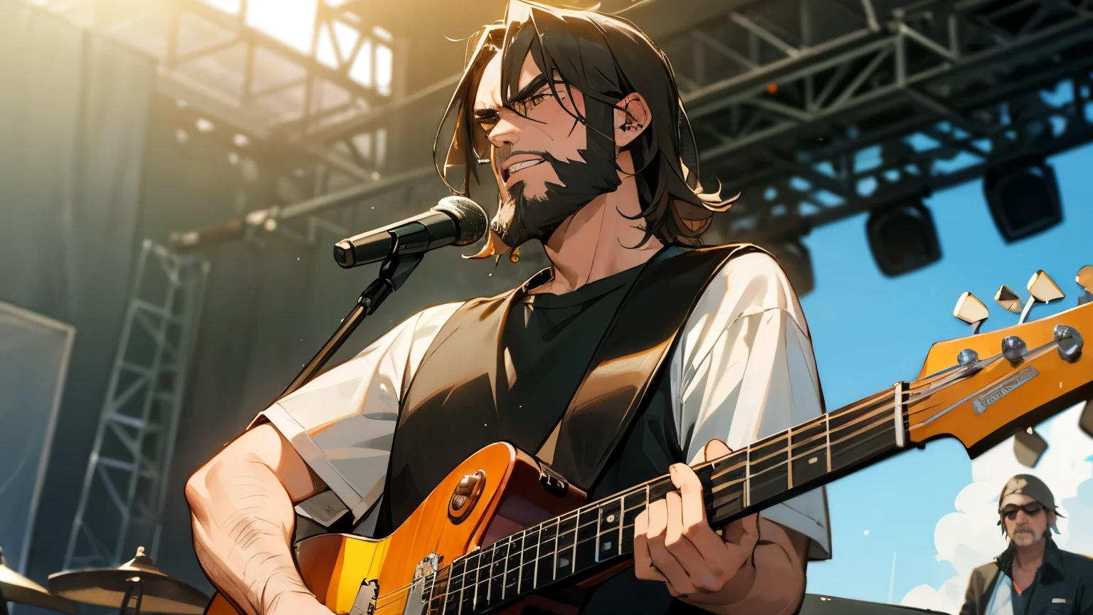 Old rock band, cool guys, guitar, vocalist, bassist, drummer, stage, outdoor stage, sunshine, highest quality, masterpiece, serious face, sweat, beard, wild