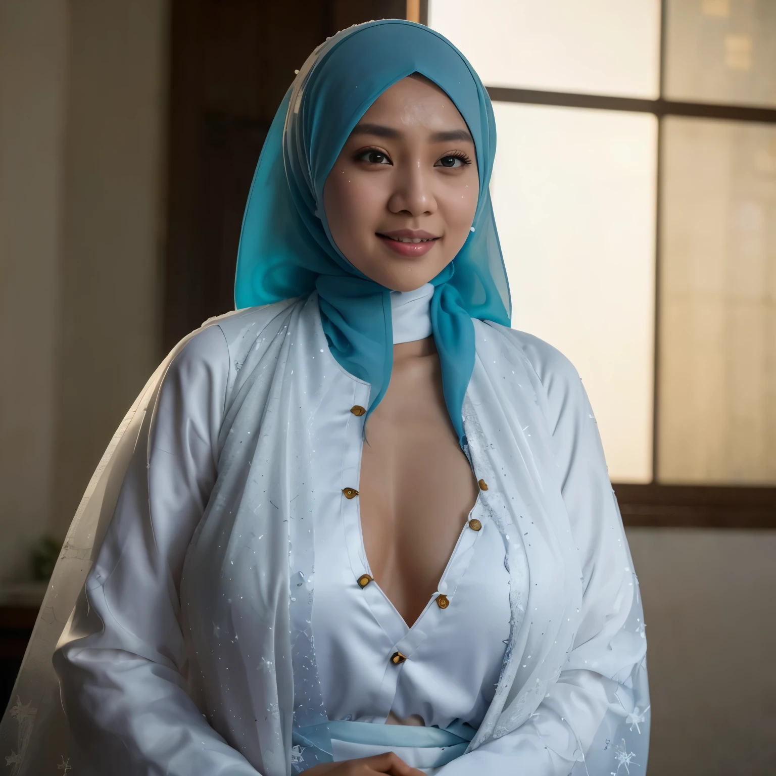 Best quality, 4K picture quality, 1 malay girl in hijab, white Hanfu, snow, long hijab fluttering in the wind, healing smile, large aperture, blurred background, blue mosque in background, lot of white birds flying above, 35mm, Over-the-shoulder shot, vibrant color grading, light leaks, starbursts, epic fantasy
