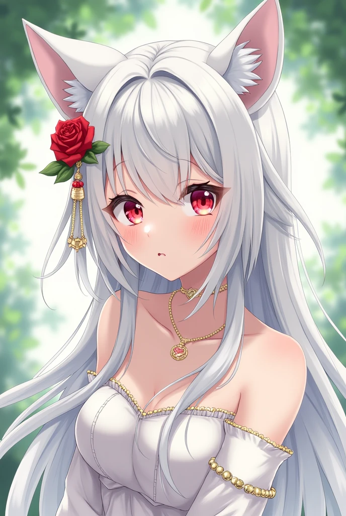 There is a woman wearing a white dress、Woman with a red rose in her hair, anime role play, anime girl role play, role play photo, A fusion of anime style with Fujifilm, role play, White-haired deity, Beautiful fox girl, role player, White cat girl, girl silver hair, Nekomimi, Anime girls in real life, ayaka role play, White Ji haircut