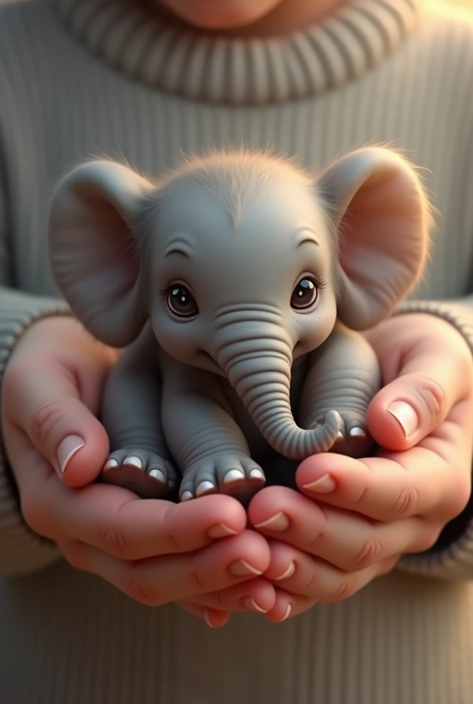 create an adorable image of a newborn elephantbieng gently held by a human fingers, highlightingtiny and delicate features of the baby elephanThe focus should be on the elephant's expressiveeyes,cute trunk. and soft.wrinkled skin.The imageshould convey a sense of tenderness and wonder.capturing the innocence and vulnerablity of theyoung animal