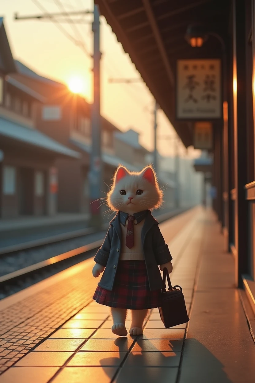 35mm lens,Multiple angles,Back,side,silhouette,Overhead shot,Cat,Standing,doll,Carrying a small school bag,tram,Hokkaido,Autumn Station,Wooden house,Platform, cloak,Ruan Jia,Suit,tie, (Delicate face), (Fine fluffy fur),(35mm Cinema Lens),(Multi-angle shooting),(many viewing angles)