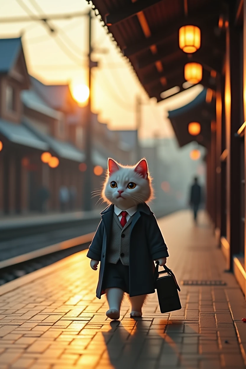 35mm lens,Multiple angles,Back,side,silhouette,Overhead shot,Cat,Standing,doll,Carrying a small school bag,tram,Hokkaido,Autumn Station,Wooden house,Platform, cloak,Ruan Jia,Suit,tie, (Delicate face), (Fine fluffy fur),(35mm Cinema Lens),(Multi-angle shooting),(many viewing angles)