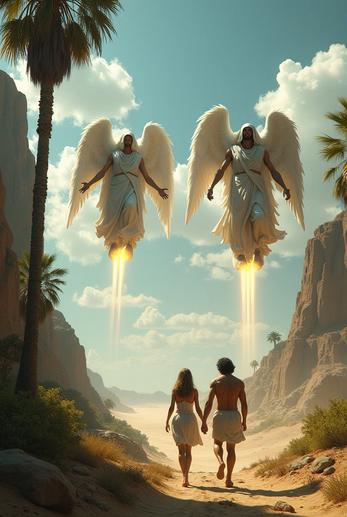 Angels without wings and fly with jetpack kicked adam and eve from Eden scene with modern outfits.outside of the Eden is like desert .put futuristic outfits. Adam and eve wears like stone Age Homosapien.