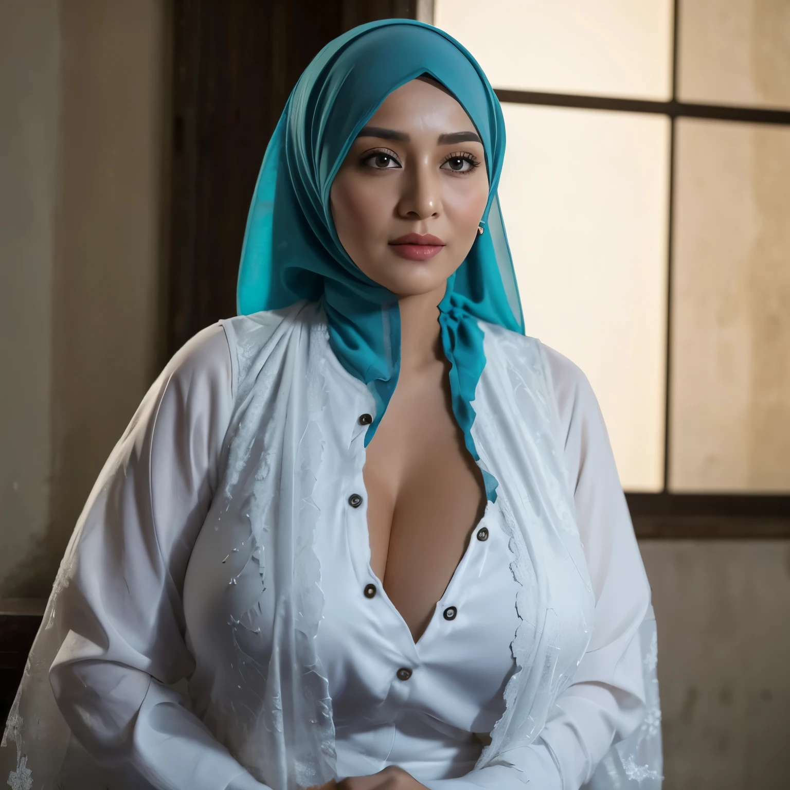 58-year-old Hijab Indonesian mature woman, high sexy appeal, Huge breasts with large areolas, Seductively wearing a thin tank top, White pantyhose, Hard nipple erections peeking through, On the bustling streets of the city, Excellent lightning illuminating every detail, Nighttime scene, Full-body shot, Laying on the street, Shot from above, Thorns apparent from her torn clothes on the side.
This stunning mature woman radiates an irresistible aura of sexiness with her hijab-clad headcovering, accentuating her voluptuous figure. Her large, full breasts are highlighted by the thin,