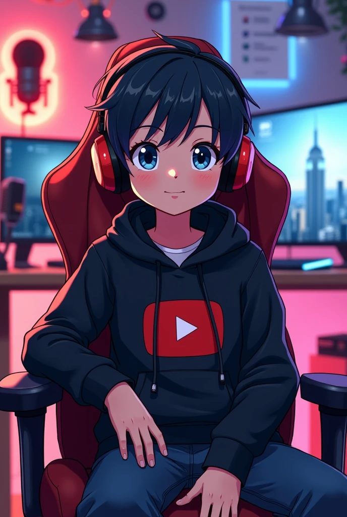 Make a anime character boy . The anime boy is sitting on a gaming chair and the anime boy wearing a black hoodie . On the hoodie write YouTube with a logo . The anime boy is wearing a gaming headphone . On the background many youtube products like mic computer etc . Make it for a profile picture 