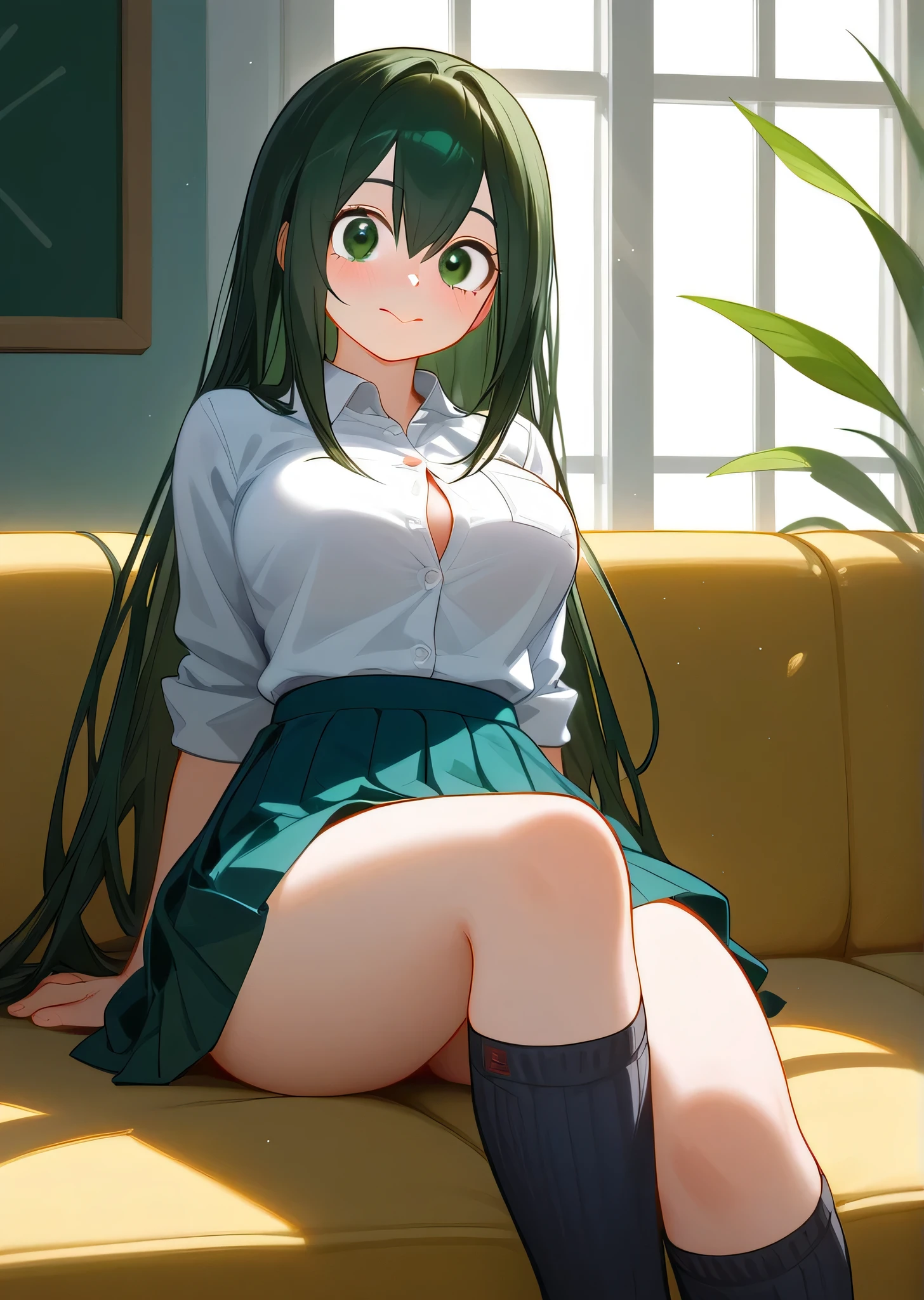 [asui_tsuyu], [Boku no hero academia], ((masterpiece)), ((high res)), ((solo portrait)), ((front view)), ((full body)), ((feet visible)), ((HD)), ((detailed shading)), ((intricate details)), {(attractive figure), (cute round green eyes), (long dark green hair), (short eyelashes), (beak-shaped lips), (large breasts), (curvy hips), (beautiful legs), (cute soft feet), (blank expression), (blushing)}, {(school uniform), (white button-up shirt), (blue ruffled skirt), (black crew socks)}, {(sitting on couch), (looking at viewer)}, [ambient lighting, living room room, window, sun rays]