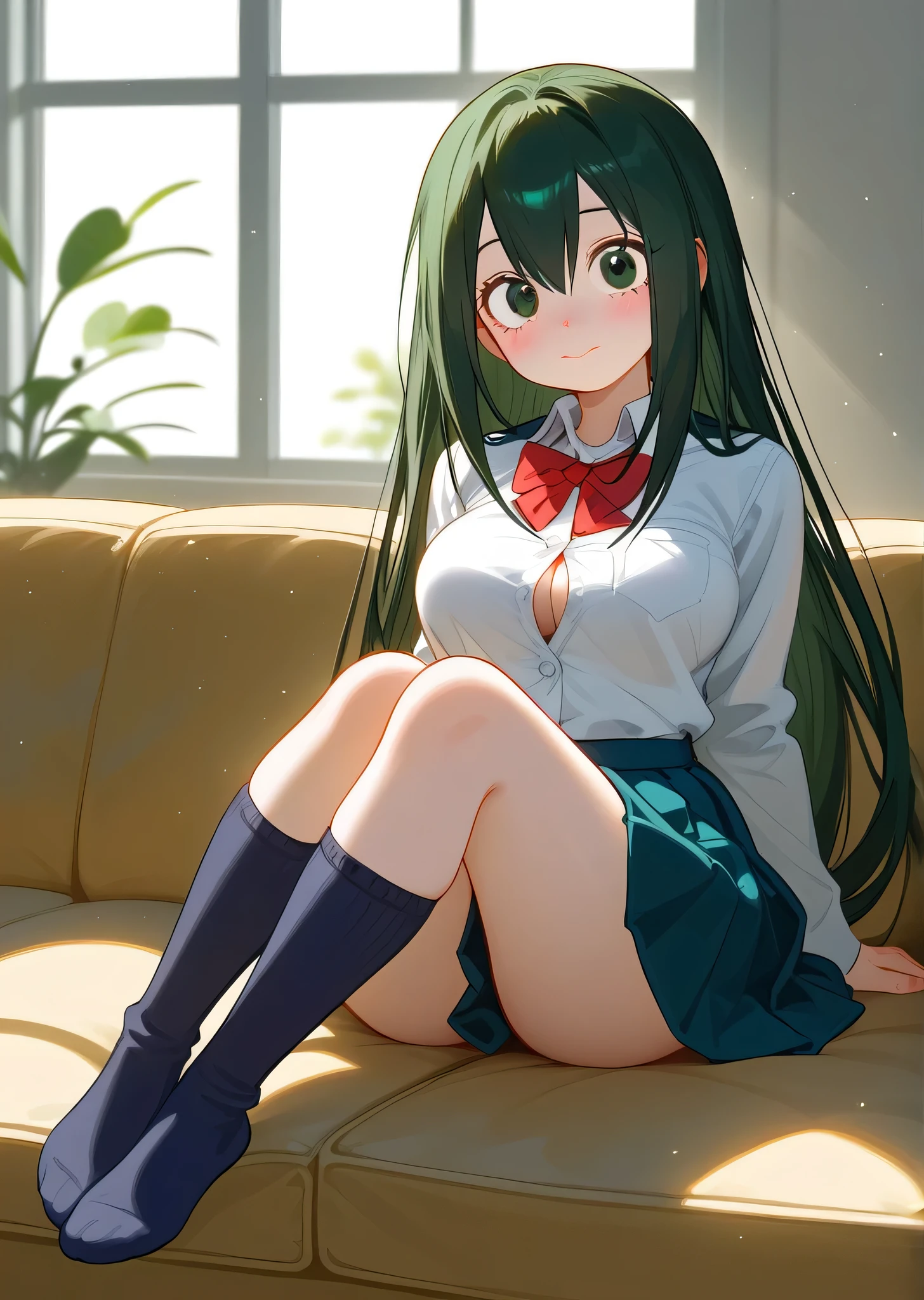 [asui_tsuyu], [Boku no hero academia], ((masterpiece)), ((high res)), ((solo portrait)), ((front view)), ((full body)), ((feet visible)), ((HD)), ((detailed shading)), ((intricate details)), {(attractive figure), (cute round green eyes), (long dark green hair), (short eyelashes), (beak-shaped lips), (large breasts), (curvy hips), (beautiful legs), (cute soft feet), (blank expression), (blushing)}, {(school uniform), (white button-up shirt), (blue ruffled skirt), (black crew socks)}, {(sitting on couch), (looking at viewer)}, [ambient lighting, living room room, window, sun rays]