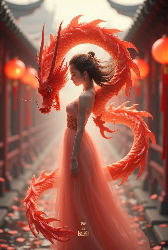 Oriental dragon girl interactive red dragon Chinese style girl