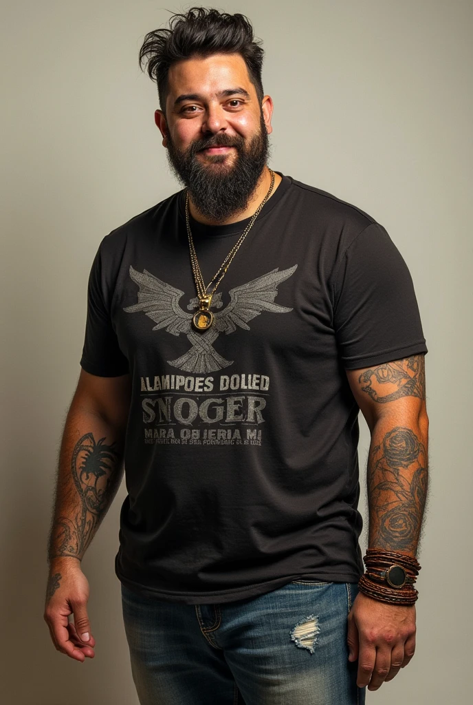 A 31-year-old man, bassist for a punk rock band called Ovelhas Obesas. Gustavo is a strong and robust man, with an imposing physical presence, which earned him the nickname "bull". He has short, wavy hair, usually kept with a slight tuft, and a well-groomed beard that gives an air of seriousness, contrasting with your easy and warm smile. His eyes are dark brown and convey an inner calm., reflecting his calm personality. He usually wears simple t-shirts, Tank Tops, and worn jeans, but always complement the look with a leather necklace and handmade bracelets, that he himself does in his spare time. Gustavo adopts a more casual and practical style, which reflects his direct and sincere approach to life and music. He prefers comfortable clothing that allows freedom of movement on stage, but always includes some accessory that has a personal meaning, like a silver ring you got from your grandfather. On the feet, is almost always wearing sneakers or boots, ready for any situation. The band's pillar of stability, He is known for being the calmest and most balanced of the group., someone who others turn to for advice and support.