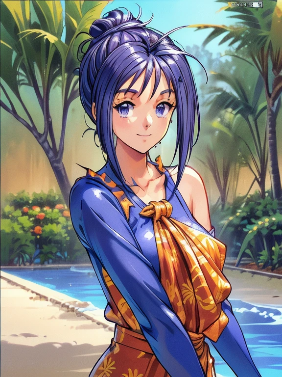 ((masterpiece)),((Ayako Katagiri)),((Katagiri Ayako)),((A happy smile)),Anatomically perfect fingers,(((Tropical))),(((Cafe Terrace))),(((one piece))),(((No sleeve)))