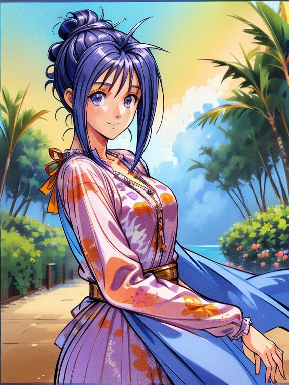 ((masterpiece)),((Ayako Katagiri)),((Katagiri Ayako)),((A happy smile)),Anatomically perfect fingers,(((Tropical))),(((Cafe Terrace))),(((one piece))),(((No sleeve)))