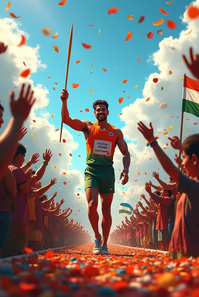 Neeraj chopra a javelin throw Indian player participated in Olympic, today he will going to win a gold medal for India in the Paris Olympic.
Create a picture where Indian people crowd welcoming him with indian style.