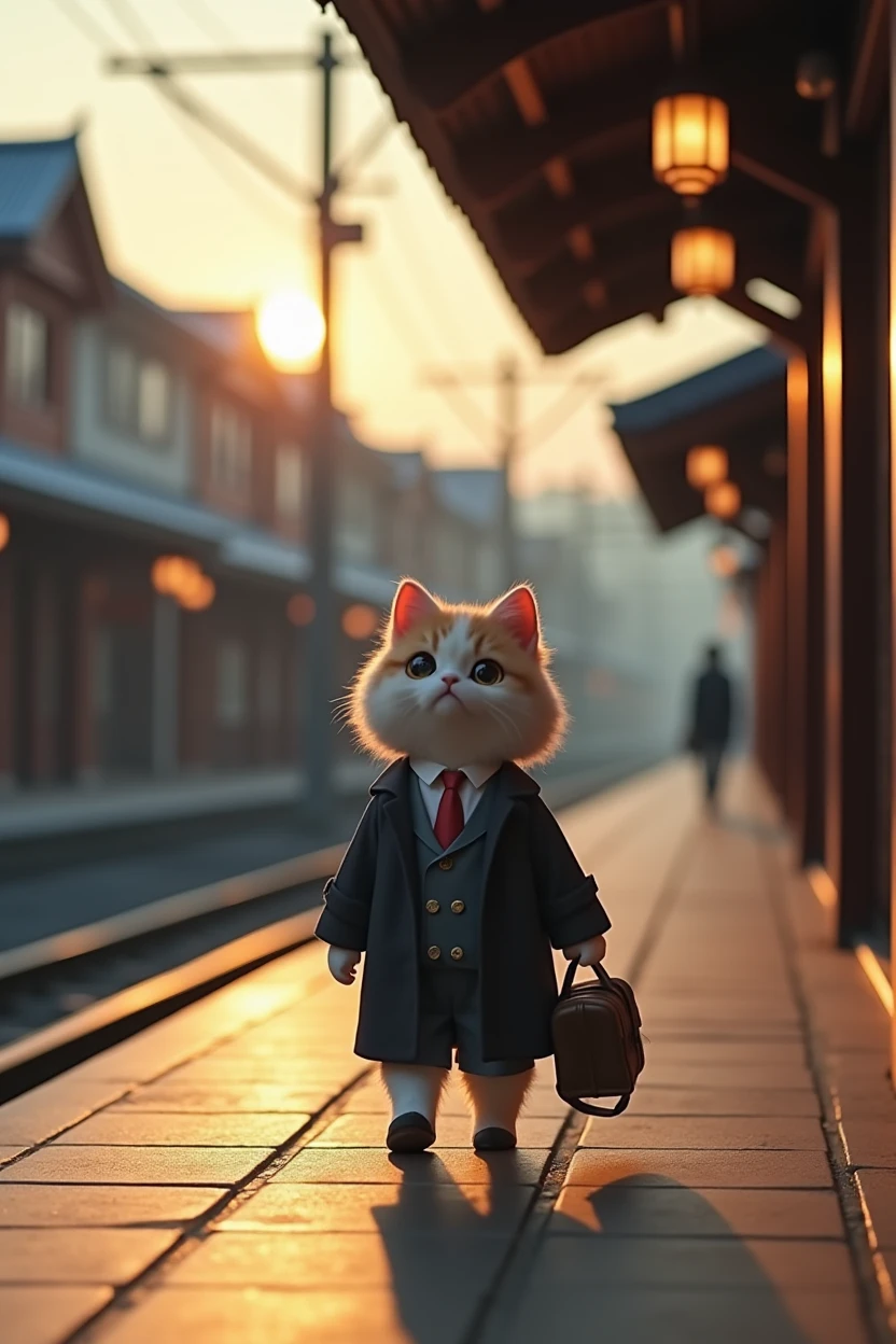 35mm lens,Multiple angles,Back,side,silhouette,Overhead shot,Cat,Standing,doll,Carrying a small school bag,tram,Hokkaido,Autumn Station,Wooden house,Platform, cloak,Ruan Jia,Suit,tie, (Delicate face), (Fine fluffy fur),(35mm Cinema Lens),(Multi-angle shooting),(many viewing angles)
