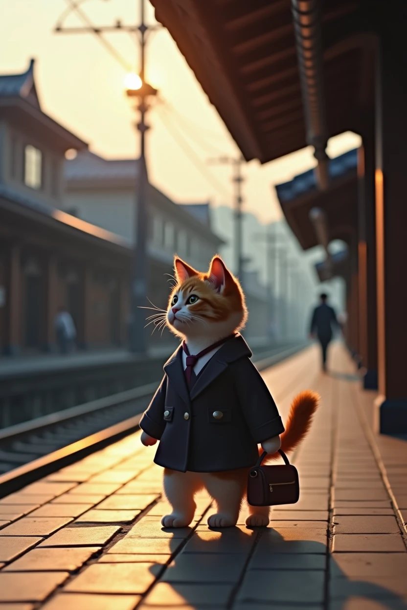 35mm lens,Multiple angles,Back,side,silhouette,Overhead shot,Cat,Standing,doll,Carrying a small school bag,tram,Hokkaido,Autumn Station,Wooden house,Platform, cloak,Ruan Jia,Suit,tie, (Delicate face), (Fine fluffy fur),(35mm Cinema Lens),(Multi-angle shooting),(many viewing angles)