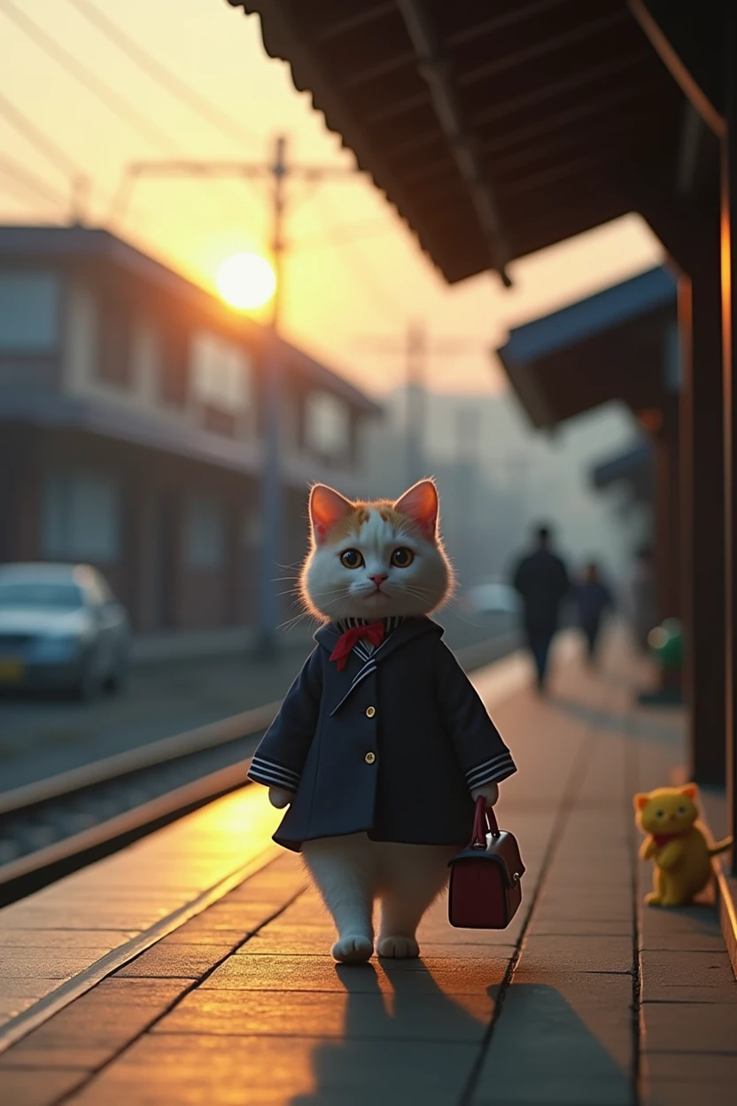 35mm lens,Multiple angles,Back,side,silhouette,Overhead shot,Cat,Standing,doll,Carrying a small school bag,tram,Hokkaido,Autumn Station,Wooden house,Platform, cloak,Ruan Jia,Suit,tie, (Delicate face), (Fine fluffy fur),(35mm Cinema Lens),(Multi-angle shooting),(many viewing angles)