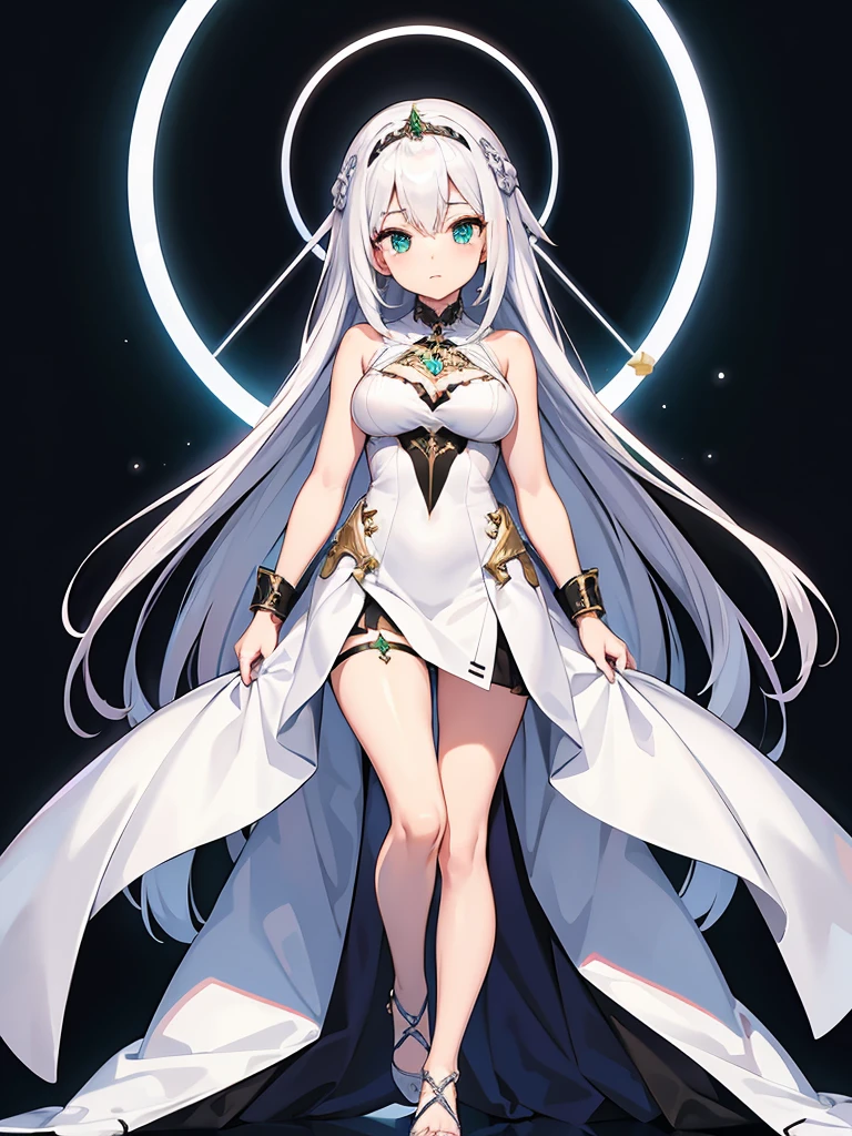 masterpiece, super fine illustration, extremely detailed, 1girl, flat background, full body, standing, extremely detailed face and eyes,Anime character with long white hair and black dress, deity with white hair, from arc knights, cute anime waifu in nice dress, white hair, in dress, artstation trending on pixiv, from girls front line, white hair, official character art, perfect girl with white hair, lady with white hair,(shining sharp emerald eyes), dress is sleeveless,(perfect hands)