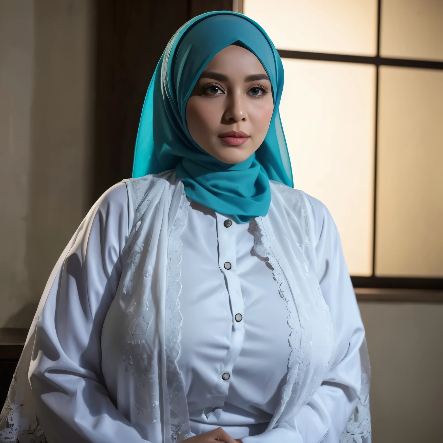 58-year-old Hijab Indonesian mature woman, high sexy appeal, Huge breasts with large areolas, Seductively wearing a thin tank top, White pantyhose, Hard nipple erections peeking through, On the bustling streets of the city, Excellent lightning illuminating every detail, Nighttime scene, Full-body shot, Laying on the street, Shot from above, Thorns apparent from her torn clothes on the side.
This stunning mature woman radiates an irresistible aura of sexiness with her hijab-clad headcovering, accentuating her voluptuous figure. Her large, full breasts are highlighted by the thin,
