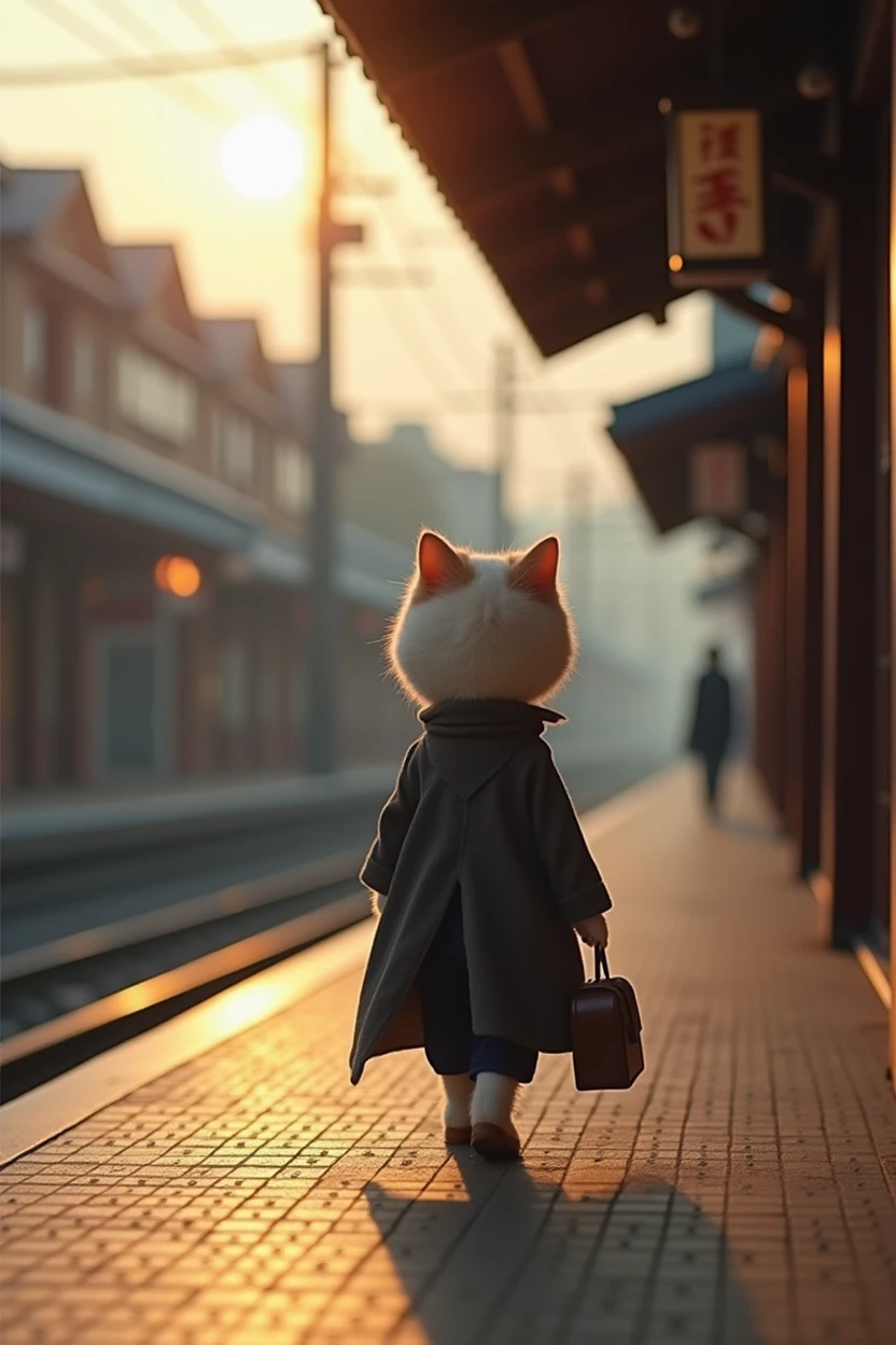 35mm lens,Multiple angles,Back,side,silhouette,Overhead shot,Cat,Standing,doll,Carrying a small school bag,tram,Hokkaido,Autumn Station,Wooden house,Platform, cloak,Ruan Jia,Suit,tie, (Delicate face), (Fine fluffy fur),(35mm Cinema Lens),(Multi-angle shooting),(many viewing angles)