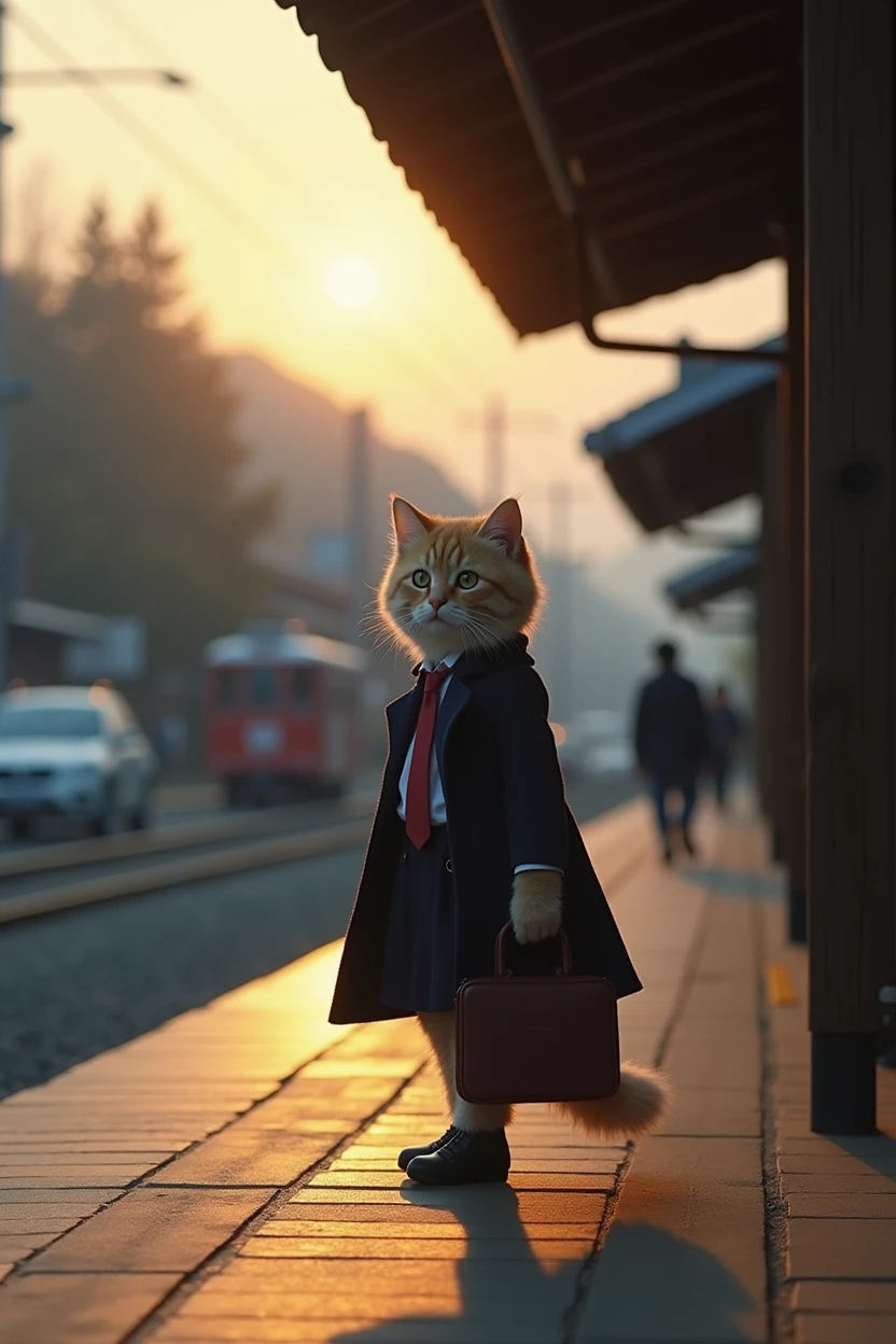 35mm lens，Multiple angles，Back，side，silhouette，Overhead shot，Cat，Standing，doll，Carrying a small school bag，tram，Hokkaido，Autumn Station，Wooden house，Platform， cloak,Ruan Jia,Suit,tie, (Delicate face), (Fine fluffy fur)，（35mm Cinema Lens），（Multi-angle shooting），（many viewing angles）