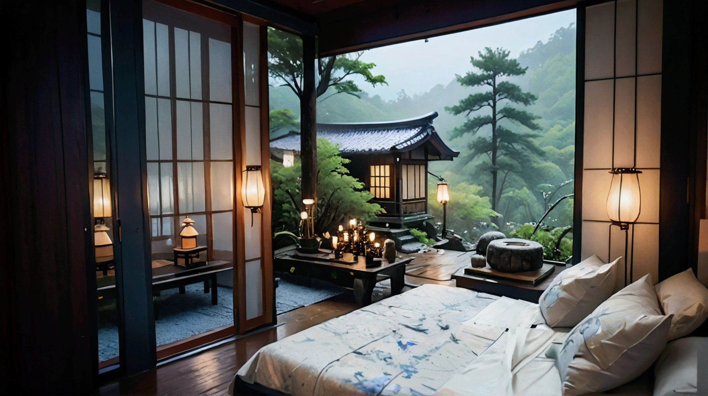 a bed sitting in a bedroom next to a window, a picture, inspired by Itō Jakuchū, unsplash contest winner, sōsaku hanga, at evening during rain, beautiful house on a forest path, zen temple background, lush plants and lanterns
