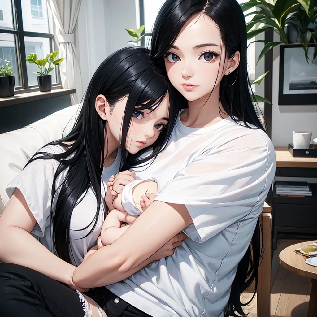 woman, 1 person, long black hair, black eyes, holding a baby, View in the house, Bright atmosphere, Wear a white t-shirt, Cream pants, best quality