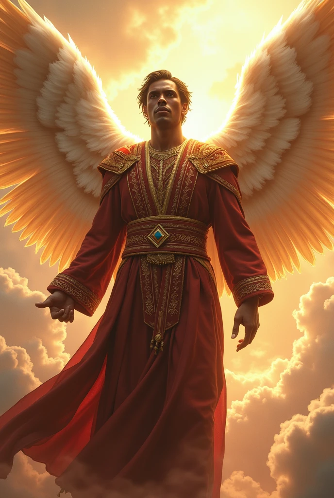 Create me an Arab man dark skin angel with 10 wings with golden clothes of all kinds of colors